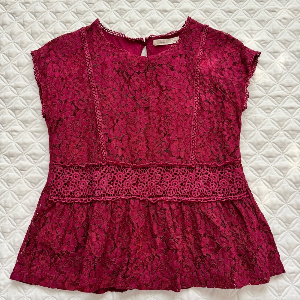 Hazel Burgundy Wine Floral Lace Crochet Trim Peplum Cap Sleeve Blouse Size S
